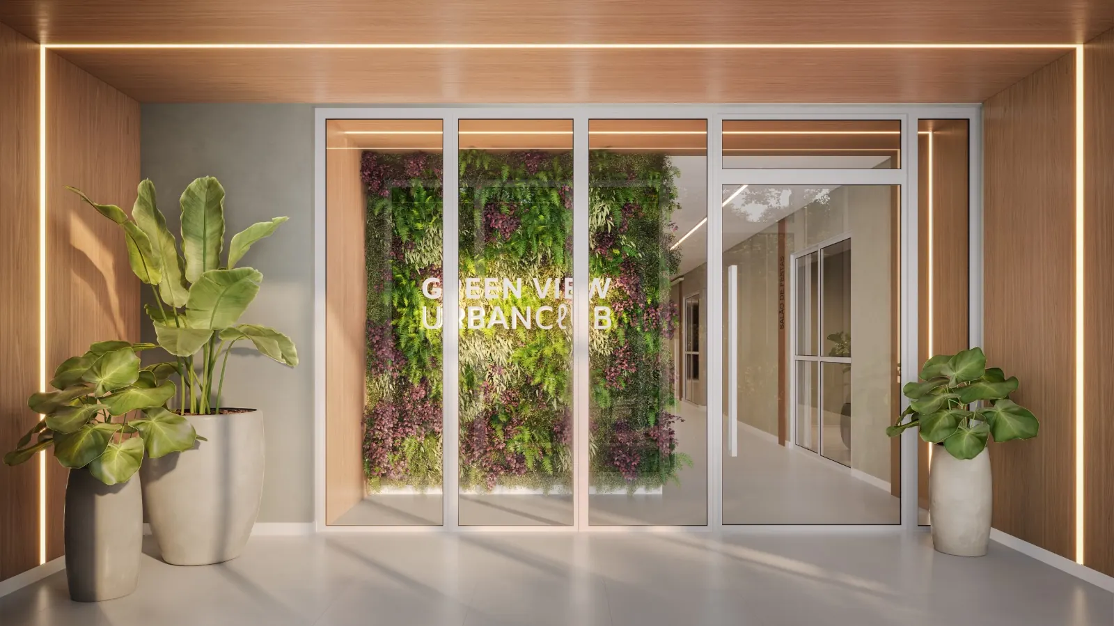 Hall de entrada do Green View Urban Club com jardim vertical